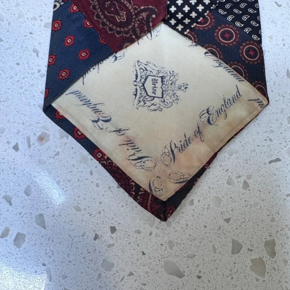Briar Pride of England Patchwork Silk Tie Paisley Foulard Burgundy Navy Vintage